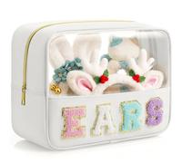 Hillban Chenille Letter Mouse Ears Travel Case Hair Accessories Organizer Storage Mouse Ear Holder Bag Nylon Large Chenille Letter Makeup Bag Gifts for Theme Park Fans, White, 10.6" x 8.3" x 4.9"
