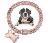 Hillban Dog Chain Rose Gold Diamond Collar with Pet ID Jewelry Tags Rhinestones Stainless Steel Metal Link Collar Walking Chain Necklace for Christmas Puppy Boys Girls Gift Small Dogs