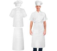 Hillban Halloween 3 Pcs Unisex Chef Costume Set - Tall Hat, Coat, Apron - White, S
