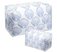 Hillban Ocean Quilted Cosmetic Bag and Ocean Themed Gifts Starfish Coral Seashell Essential Makeup Bag for Women Travel Vacation Survival Kit, 8.7 x 4.7 x 4.7 in, white, blue