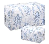 Hillban Ocean Quilted Cosmetic Bag and Ocean Themed Gifts Starfish Coral Seashell Essential Makeup Bag for Women Travel Vacation Survival Kit, 8.7 x 4.7 x 4.7 in, white, blue, Seahorse