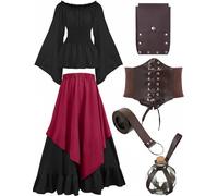 Hillban Women Medieval Renaissance Dress Costume Halloween Blouse Top Skirt Pouch Bottle Corset Belt, Black, Large