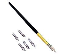 Hillento Wooden Calligraphy Dip Pen, Wood English Calligraphy Pen Copperplate Script Oblique Dip Pen Holder with 5 Different Nibs, Black