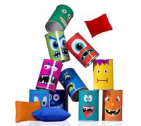 Hillington Tin Can Alley Game - Bean Bag Can Toss Game with 10 Sealed Monster-Themed and 3 Beanbags, Classic Tin Can Alley Shooting Game - Indoor & Outdoor Fairground Games