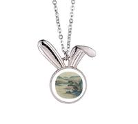 Hills Fishing Boat Chinese Painting Rabbit Necklace Pendant Bunny Animal Jewelry Gift