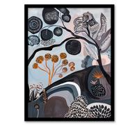 Hillside Tree Pattern Country Folk Art Landscape Framed Art Print Artery8 Grey W12 inch x H16 inch