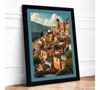 Hillside Village in Ochre Scenic & Cityscapes Framed Wall Art Print A3 (42×29.7cm) Black, Wall Decor for Living Room, Bedroom, Office & Home, Ready to Hang, Art Gift