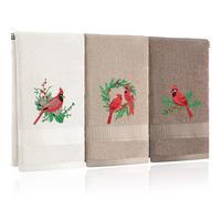 Hillsuren 3 Pcs Christmas Hand Towels Red Cardinal Embroidered Brown Decorative Bathroom Towels for Bathroom Kitchen Winter Set, 100% Cotton, 13.3 x 29.5''