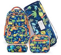 Hillsuren 4 Pcs Kids School Backpack Set-with Lunch Bag Pencil Case & Nap Mat Elementary Preschool Kindergarten Supplies Back to School Student Ages 3-12 Boys Girls(Green,Dinosaur)