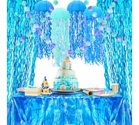 Hillsuren 8 Pcs Under the Sea Party Decorations Ocean Waves Tablecloths Blue Tinsel Foil Fringe Curtain Jellyfish Paper Lanterns Glitter Circle Garland Hanging Banner for Baby Shower Birthday Decor