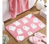 Hillsuren Ghost Bathroom Mat Pink Halloween Bath Rug 24 x 16 Inch Cute Non Slip Spooky Ghost Bathroom Decoration Plush Microfiber Rug Halloween Decor for Home Bedroom Shower Floor