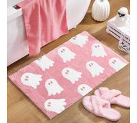 Hillsuren Ghost Bathroom Mat Pink Halloween Bath Rug 32 x 20 Inch Cute Non Slip Spooky Ghost Bathroom Decoration Plush Microfiber Rug Halloween Decor for Home Bedroom Shower Floor