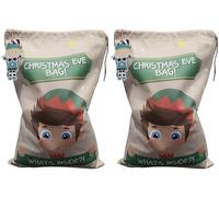 Hilltop Supplies Christmas Eve Elf Gift Bag With Elf Name Tag, Christmas Sack, Drawstring Christmas Sack, Christmas Eve Suprise Bag, 55cm x 37cm, Pack of 1 or 2 (2)