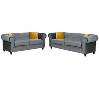 Hilton Chesterfield Style Sofa Grey French Velvet Fabric 3+2 Seater Set (3+2 Seater)