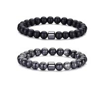 Hilufiet 2Pcs 8MM Tiger Eye Frosting Lava Stone Stretch Natural Stone Bead Bracelet for Men, metal, no gemstone