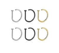 Hilufiet 5/6pcs Stainless Steel D-Shaped Nose Ring Hoop Set Punk Thin Nose Piercing Hoop Cartilage Hoop Earrings for Women Men, Metal, No Gemstone