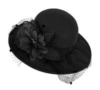 HilyBony Womens Wide Brim Bowler Fedora Hat Vintage Felt Floppy Fascinator Hat with Veil Winter Kentucky Wedding Party Black
