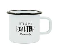 Him & I® - Enamel mug with saying Let's go on a road trip | Outdoor enamel mug | Robust, lightweight and shatterproof | Printed on both sides | for camping, trekking and hiking