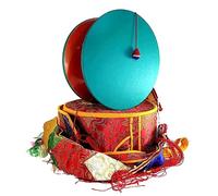 Himalayan Craft Tibetan Chod Damaru Round, Large, Wooden Leather, With Brocade Damaru Drum Cover Damaru Brocade Tail - Nepali Authentic Design Hand Carved Folk Musical Instrument for All Age Musicians