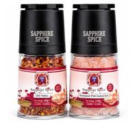 Himalayan Pink Salt & Chilli Flakes Grinder Set | Sapphire Spice 2 Pack Value Bundle | Adjustable Ceramic Mill | 100% Natural No Additives | BBQ Kitchen Gift | Vegan | Gluten Free UK