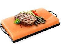 Himalayan Rock Salt Block Cooking Plate for Cooking, Grilling, Cutting and Serving, Food Grade Salt with Metal Steel, free wooden spoons, Tray Set - 12x8x1.5”.