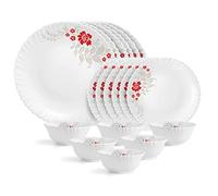 HIMANSH STORE Opalware Dazzle Series Scarlet Bliss Dinner Set, 18 Units | Opal Glass Dinner Set for 6 | Light-Weight, Daily Use Crockery Set for Dining | White Plate and Bowl Set