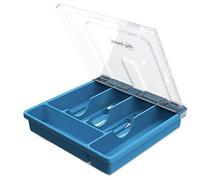 HIMAugbo Cutlery Tray with Lid, Portable Cutlery Tray for Drawers, Knife, Fork, Spoon, Compact Cutlery Tray for Camping, Travel, 30 x 30 x 7 cm, Blue
