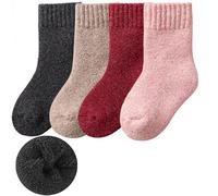 Himcus 4 Pairs Kids Girl Thermal Merino Wool Socks Toddler Winter Warm Calf Solid Socks(Pink Red Khaki Dark Grey,M,3-5 Years)