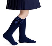 Himcus 5 Pairs Girls Knee High Cotton Socks School Long Seamless Comfortable Plain Socks for Toddler Kids with Ribbons Bow (Navy,L,4-6 Years)