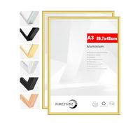 HIMEETIME 2 x Picture Frames DIN A3 30 x 42 cm Gold Metal Frame Pack of 2 Document Frame 29.7 x 42 cm Large Collage Metal Frame Aluminium Picture Frame A3 Photo Frame