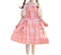 HIMI HIMIFASHION Lolita Suspender Princess Dress Teen Girls Sweet Bow Lace Layered Ruffle Hem Cosplay Costume Party Dresses (M, Pink)