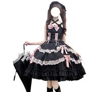 HIMI HIMIFASHION Lolita Suspender Princess Dress Teen Girls Sweet Bow Lace Layered Ruffle Hem Cosplay Costume Party Dresses (S, Black)
