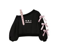 HIMI HIMIFASHION Teen Girls Long Sleeve Sweatshirt Cute Heart Embroidery Sweatshirt Lace Up Off Shoulder Crop Top Casual Loose Pullover (as8, alpha, s, regular, regular, Black, S)