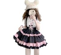 HIMI HIMIFASHION Teens Cute Short Skirt Lolita Sweet Tiered Ruffle Skirts with Belt Elastic Waist A-line Suspender Skirt (UK, Alpha, S, Regular, Regular, Black and Pink)