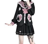 HIMI HIMIFASHION Women Girls Japanese JK Uniform School Suit Gothic Sailor Suit Cute Bow Anime Cosplay Costume Outfit (Black, XL)