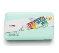 HIMI Jelly Cup Gouache Set 18 Paint Colours, 3 Brushes, Paint Pallete, Green Case, Add Water to Reactivate, Smooth, Rich Colours, Gift, Artist Art Supplies, Large Scale Art Work to Fine Details