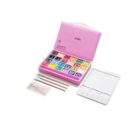 HIMI Jelly Cup Gouache Set 24 Paint Colours, 3 Brushes, Paint Pallete, Pink Case, Add Water to Reactivate, Smooth, Rich Colours, Gift, Artist Art Supplies, Large Scale Art Work to Fine Details
