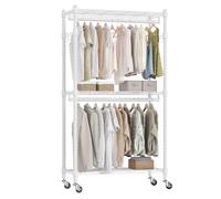 Himimi Clothes Rail with Shelves, 3-Tier Adjustable Shelves & Double Hanging Rods, Heavy Duty Clothing Rail Clothes Rack on Wheels, Free Standing Open Wardrobe for Bedroom Coat, 60Wx42Dx205H cm, White