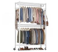 Himimi Double Rod Garment Rack/Clothes Rail with Height-Adjustable Shelves, Heavy Duty Clothes Rack with 2 Hooks, Clothes Rails with Wheels, 90 * 42 * 205cm, White