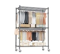 Himimi Double Rod Garment Rack/Clothes Rail with Height-Adjustable Shelves, Heavy Duty Clothes Rack with 2 Hooks, Clothes Rails with Wheels, 90 * 42 * 205cm, Black