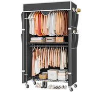 Himimi Heavy Duty Clothes Rail on Wheel with Cover, Double Rod Garment Rack | Portable Metal Fabric Wardrobes for Bedroom, Double Height Clothes Rail with 3-Tier Adjustable Shelves, 90x45x205 cm, Black