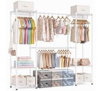 Himimi Heavy Duty Extendable Clothes Rail, 141-200W × 40D × 198H cm, White | Metal Open Wardrobe for Bedroom with 4 Rods & 6 Adjustable Shelves, Hanging Rail for Clothes, Walk-in Wardrobe Storage System