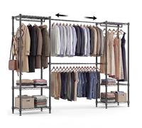 Himimi Heavy Duty Extendable Clothes Rail, 35×(182-240)×180 cm, Open Metal Wardrobe Organiser with 4 Hanging Rods & 6 Adjustable Shelves, Telescopic Garment Rack Walk-in Wardrobe Storage System, Black