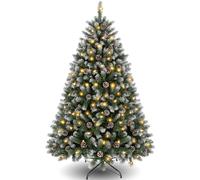 Himimi Pre-lit Christmas Tree 6ft, Artificial Xmas Tree with Warm White LED Lights, Snow Accents & Pine Cones Decor, Bushy 1000 Tips, Green Fir Branches, Metal Stand, Home Office Christmas Decorations