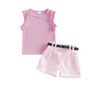 Himllauen 2 Pcs Infant Baby Girl Summer Outfits Solid Color Crew Neck Sleeveless Ruffle Tank Casual Tops + Striped Elastic Waist Shorts Set Newborn Toddler Clothes (Pink, 2-3T)