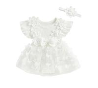 Himllauen 2 Pcs Infant Baby Girls Summer Romper Outfits Ruffle Sleeveless Flower Embroidery Casual Bodysuit Dress+ Headband Set Newborn Toddler Princess Dress (White C, 6-9 Months)