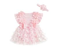 Himllauen 2 Pcs Infant Baby Girls Summer Romper Outfits Ruffle Sleeveless Flower Embroidery Casual Bodysuit Dress+ Headband Set Newborn Toddler Princess Dress (Pink C, 9-12 Months)