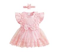 Himllauen 2 Pcs Infant Baby Girls Summer Romper Outfits Ruffle Sleeveless Flower Embroidery Casual Bodysuit Dress+ Headband Set Newborn Toddler Princess Dress (Pink D, 6-9 Months)