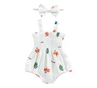 Himllauen 2 Pcs Newborn Baby Girl Summer Romper Outfits Cute Sleeveless Cherry/Carrot/Alber/Flowers/Peach Print Jumpsuit + Hair Band Bodysuit for Infant Girls (White Leaf, 6-12 Months)