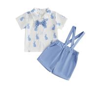 Himllauen 2Pcs Baby Boy Easter Outfit, Infant Toddler Boy Easter Clothes Set, Short Sleeve Bunny Carrot Print T-shirt + Suspender Shorts Gentleman Clothes for Boys (Blue, 2-3T)